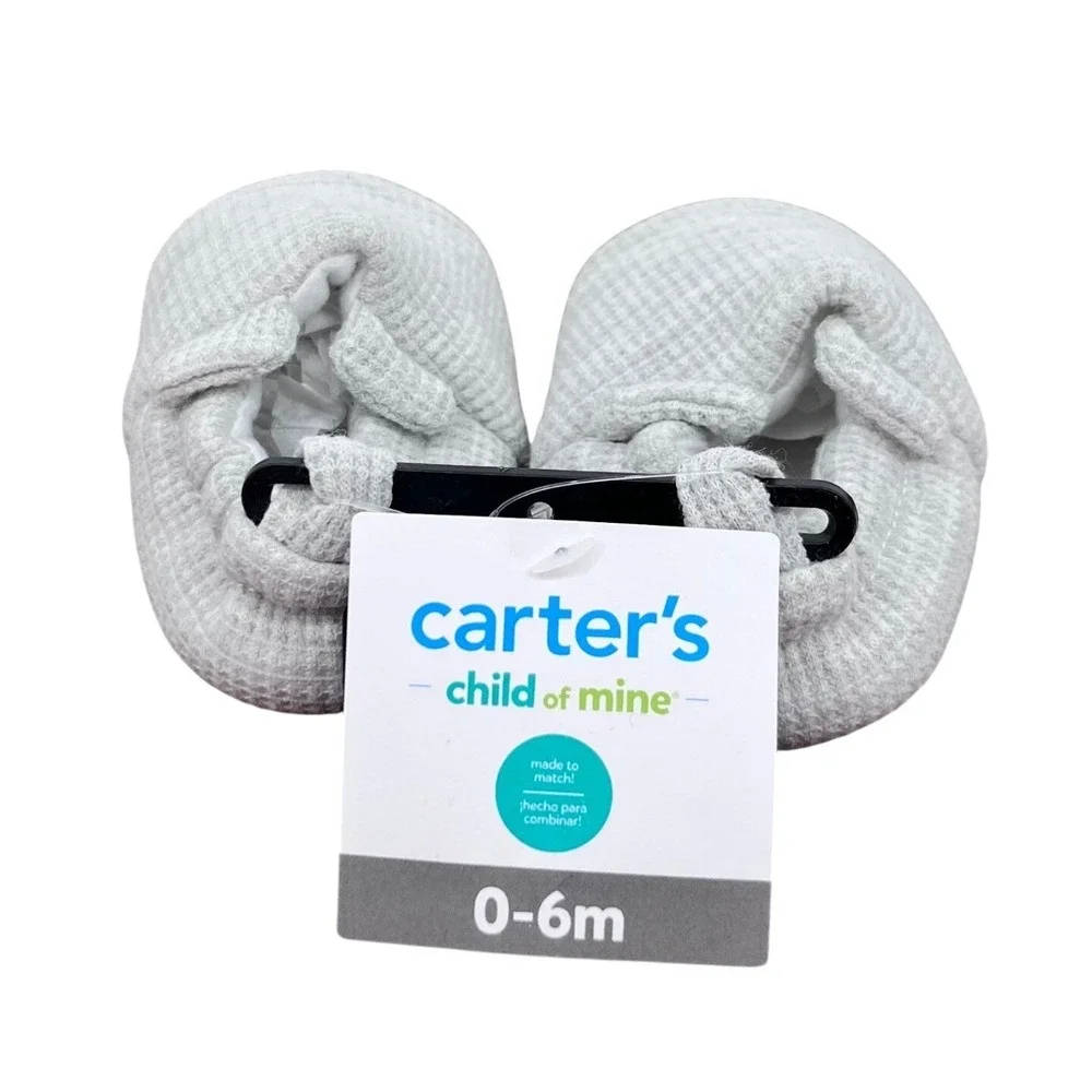 Carter's Child of Mine Booties Unisex 0-6M Grey Waffle Knit Slip On Soft Sole
